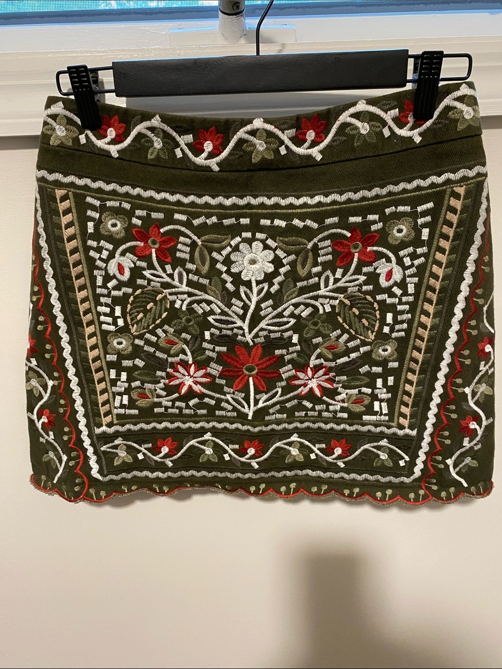 Embroidered Olive Green Floral Skirt